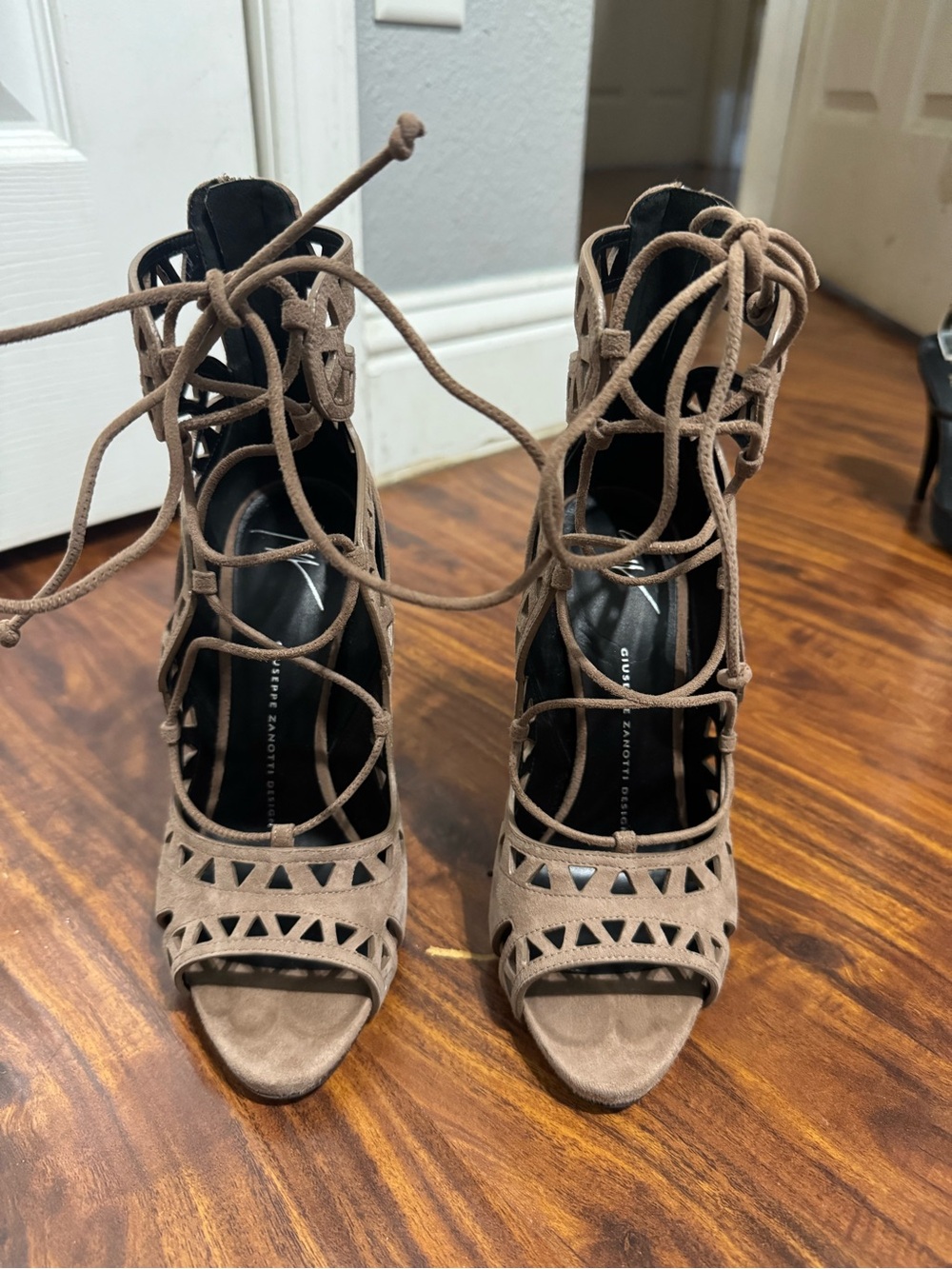 Giuseppe Zanotti Taupe Suede Lace-Up Cutout Heels
